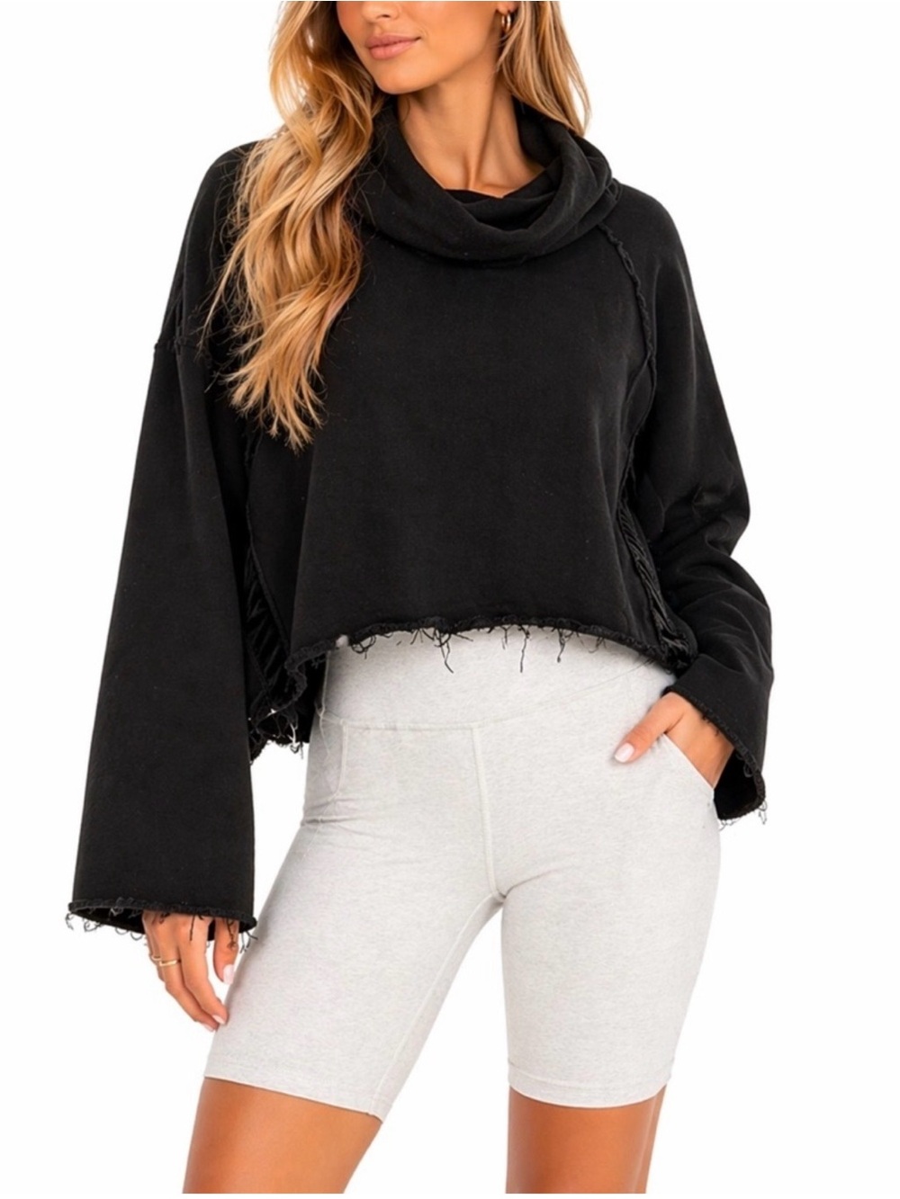 Alala Riki Black Cowl Sweatshirt Velvet Cotton Bamboo Bell Sleeve Oversized XS